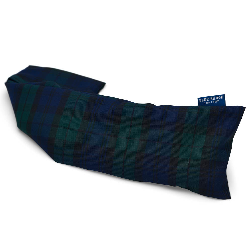 Lavender Wheat Warmer, Heated Wheat Bag in Blackwatch with blue badge company label showing