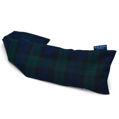 Lavender Wheat Warmer, Heated Wheat Bag in Blackwatch with blue badge company label showing