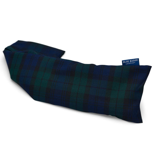 Lavender Wheat Warmer, Heated Wheat Bag in Blackwatch with blue badge company label showing