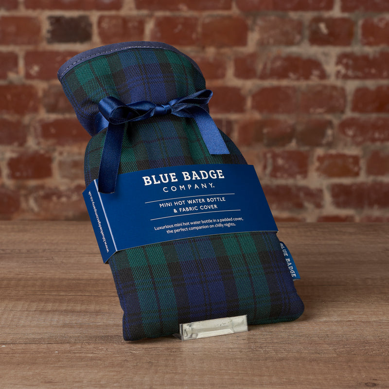 Mini Hot Water Bottle and Soft Padded Cover in Blackwatch Tartan with Satin Navy Ribbon