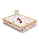 Bean Bag Lap Tray in Mulberry Rose on a white background with a full mug and a pair of glasses on top
