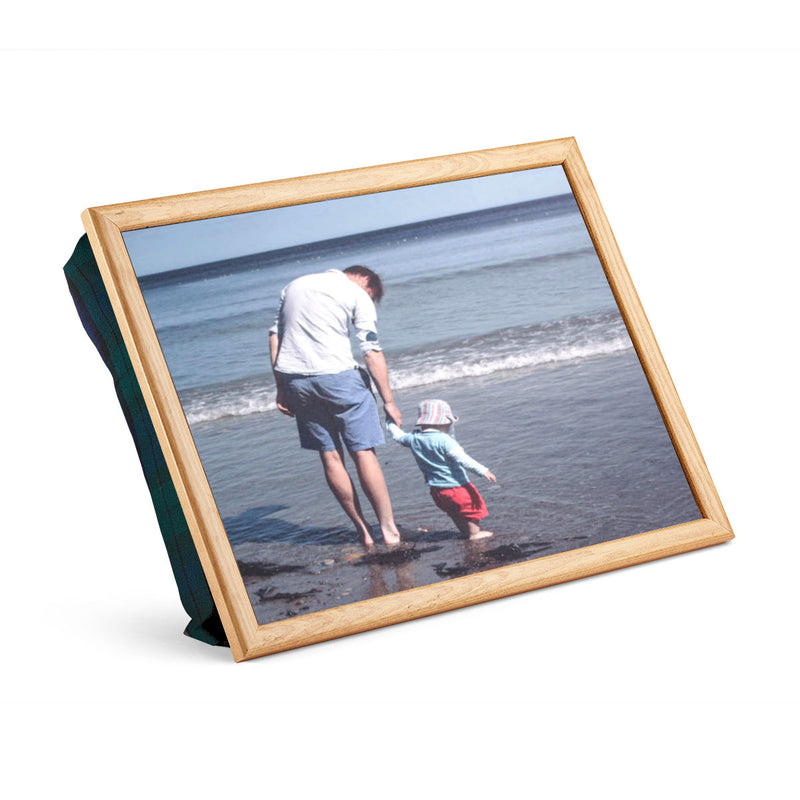 A personalised Lap Tray with light wooden edging. The photograph top is a man and a young child, paddling at the edge of a rippling sea.