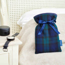 Mini Hot Water Bottle and Soft Padded Cover in Blackwatch Tartan with Satin Navy Ribbon