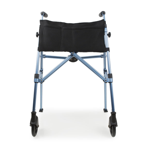 Frontal full image of open folding walking frame in navy