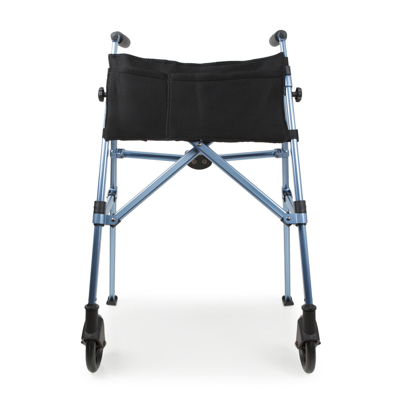 Frontal full image of open folding walking frame in navy