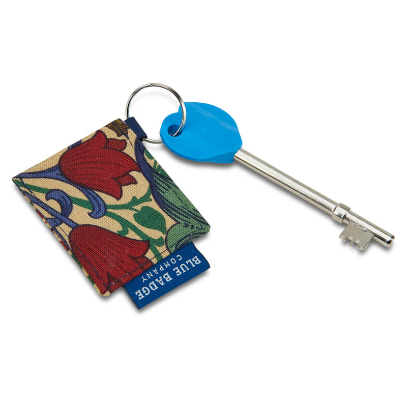 Genuine RADAR Disabled Toilet Key & Fabric Keyring in William Morris Golden Lily with BLue Badge Company label attached and placed against a white background